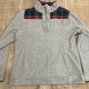 Crown & Ivy | Gray Snap Pullover | Size Medium | Holiday Plaid Trim